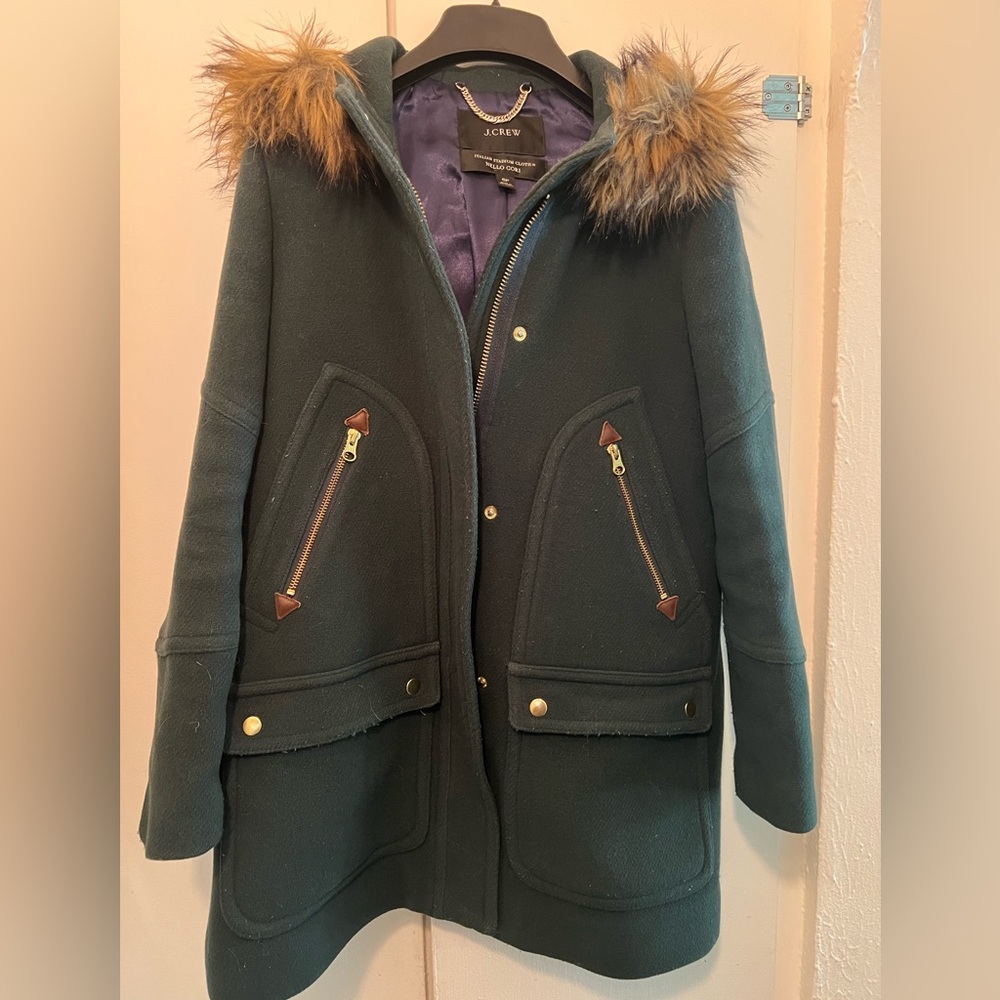 J. Crew Dark Green Coat with Faux Fur Hood